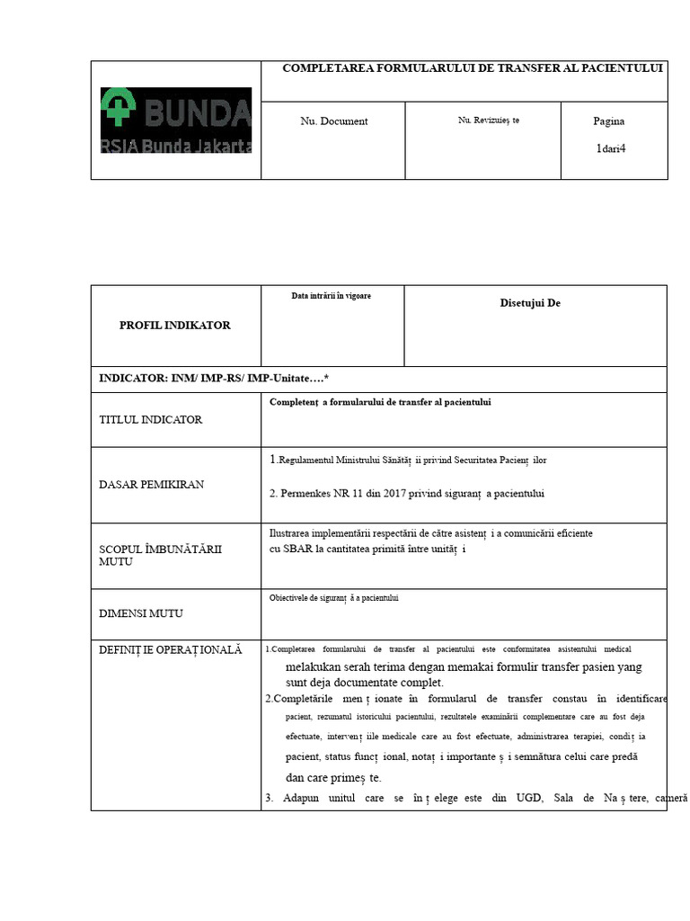 Profil Indicatorului de Completare A Formularului de Transfer Al ...