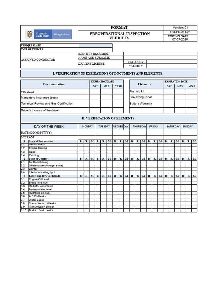 Preoperational Inspection Format Vehicles V1 | PDF | Motor Vehicle ...