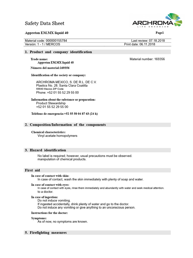 Appretan EM.MX Liquid 40 Safety Data Sheet | PDF | Solubility | Carbon ...