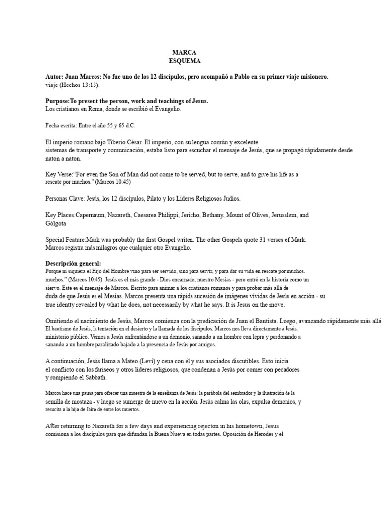 Esquema del Evangelio de Marcos | PDF | Jesús | Ministerio de jesus