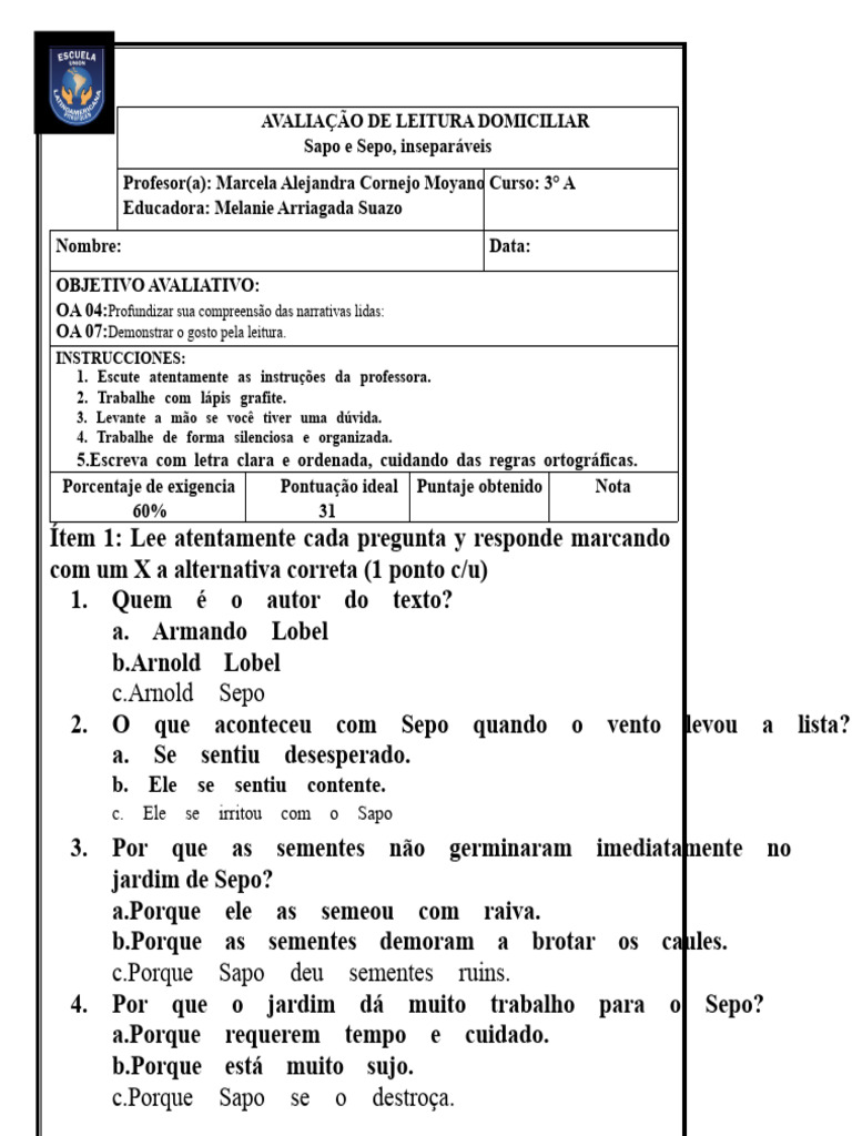 Avaliação de Leitura: Sapo e Sepo | PDF