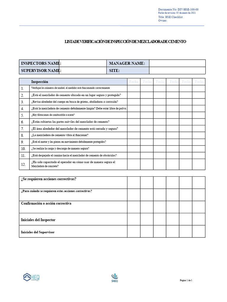 Lista de Verificación para Mezcladora de Cemento | PDF