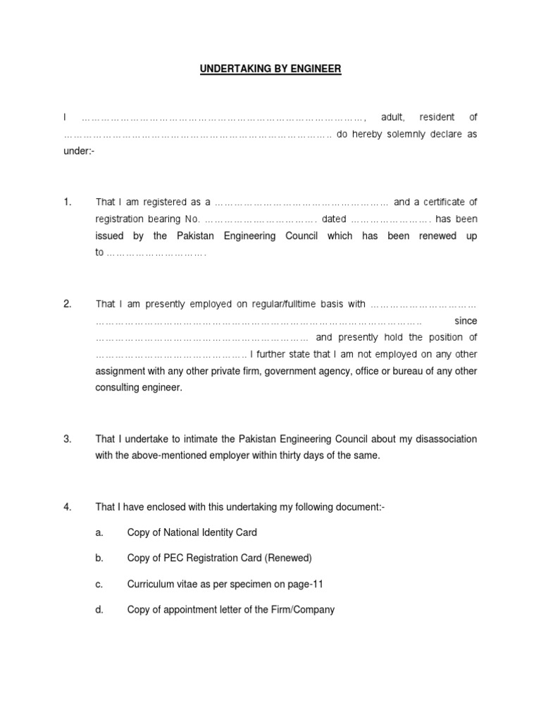 Engineer Undertaking Format Pakistan | PDF