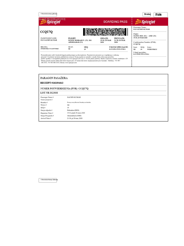 Przykładowy Bilet Lotniczy SpiceJet | PDF