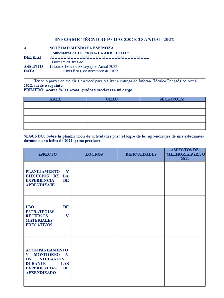 Informe Pedagógico Anual 2022 | PDF | Pedagogia | Aprendizado