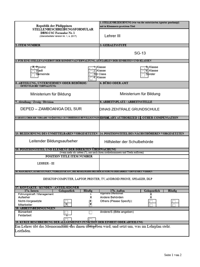 Positionsbeschreibung Formular PDF | PDF