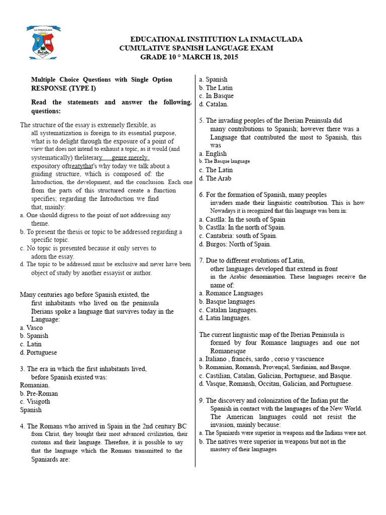 Grade 10 Spanish Language Exam Guide | PDF | Spain | Don Quixote