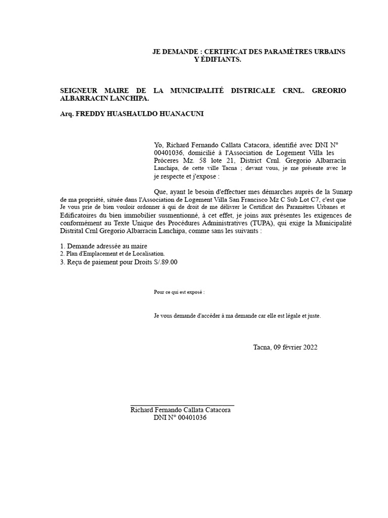 Demande de Certificat Urbanisme Tacna | PDF