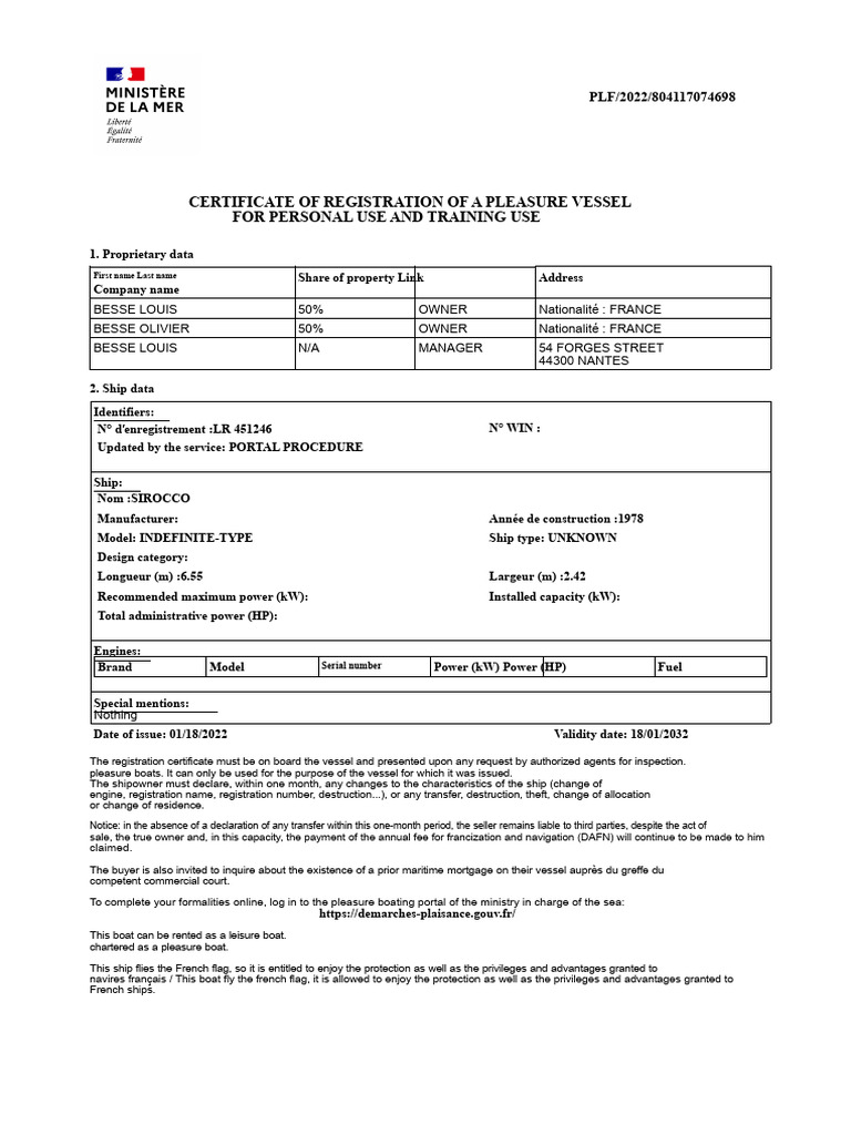 Pleasure Vessel Registration Certificate | PDF | Water Transport | Shipping