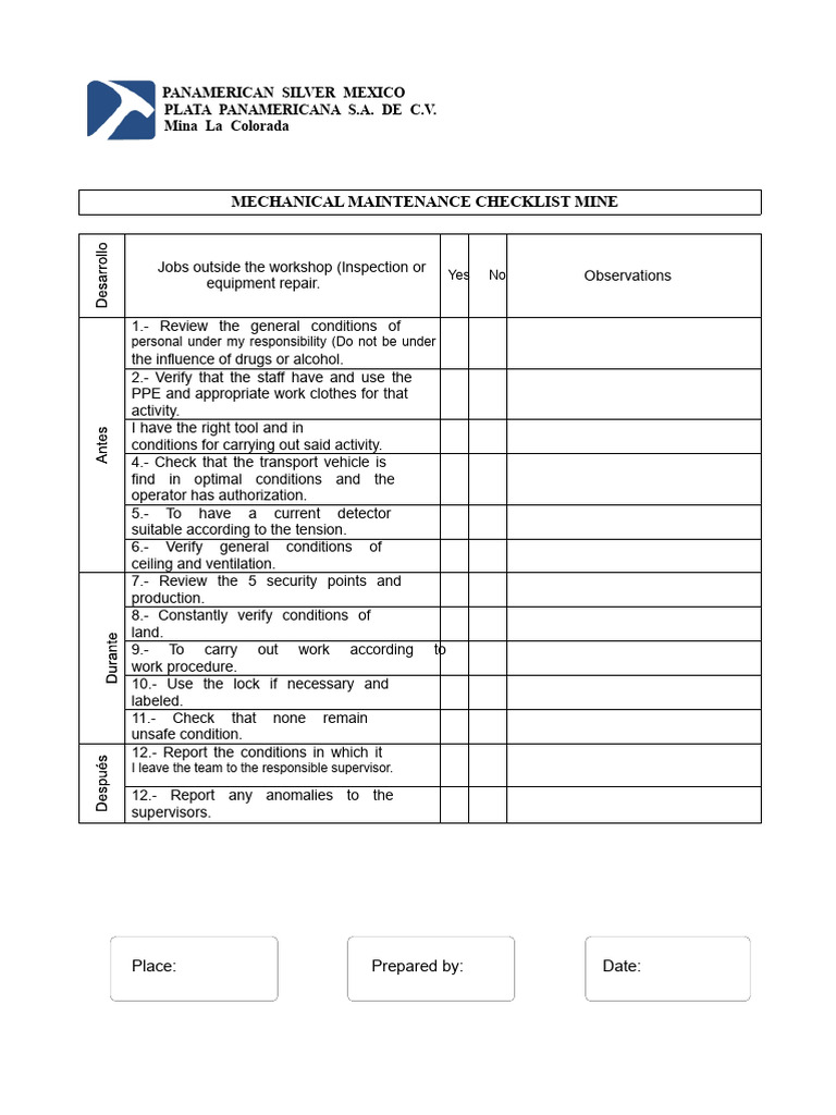 Mechanical Maintenance Checklist for Mines | PDF