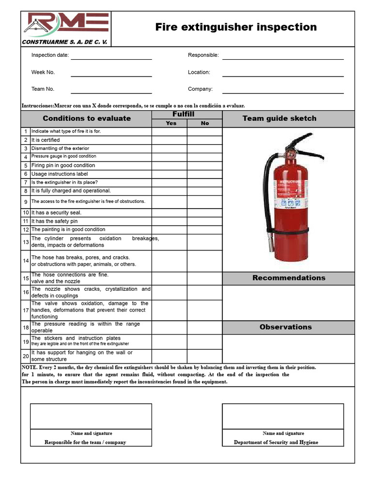 Fire Extinguisher Inspection Checklist | PDF | Equipment