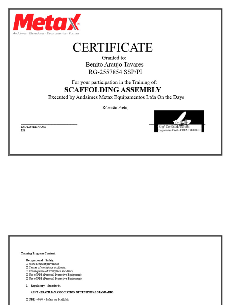 Scaffolding Assembly Training Certificate | PDF