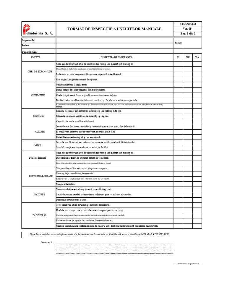 FO-SST-033 Format de Inspecție A Uneltelor Manuale | PDF
