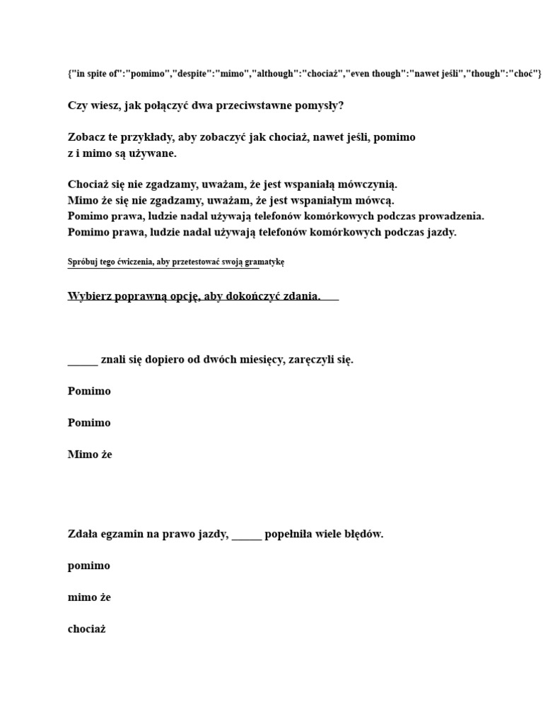 'Pomimo', 'Mimo', 'Chociaż', 'Nawet Jeśli' I 'Chociaż' | PDF