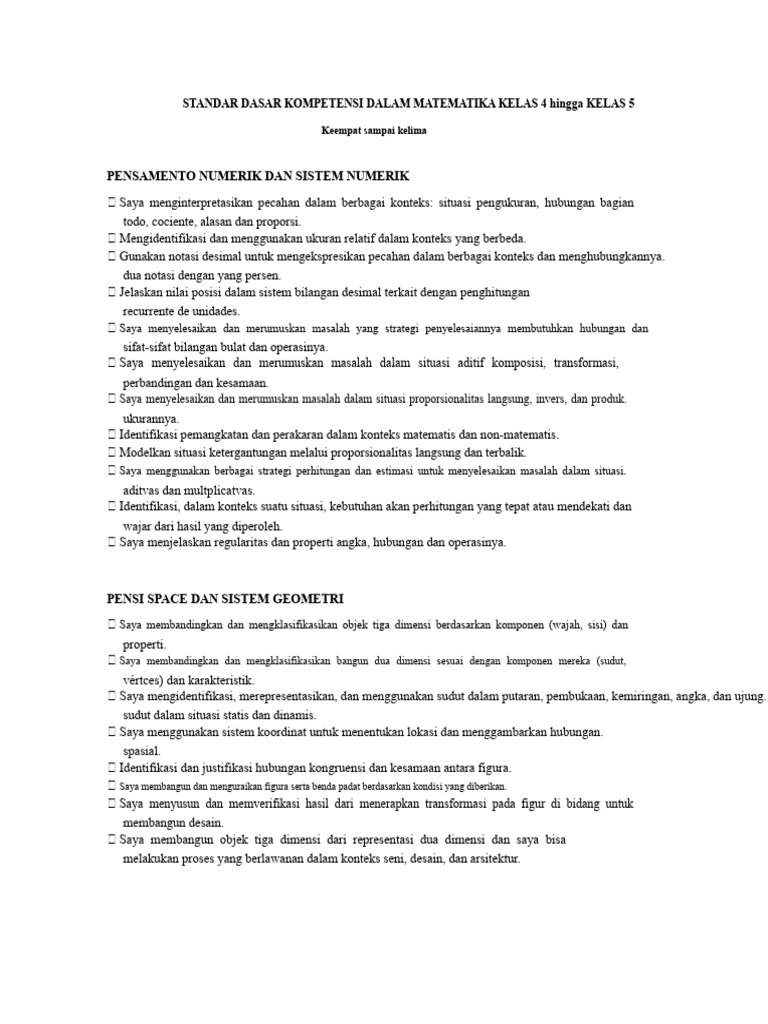 Standar Kompetensi Matematika Kelas 4-5 | PDF