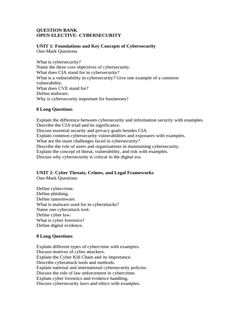Cybersecurity Question Bank and Concepts | PDF | Security | Computer ...