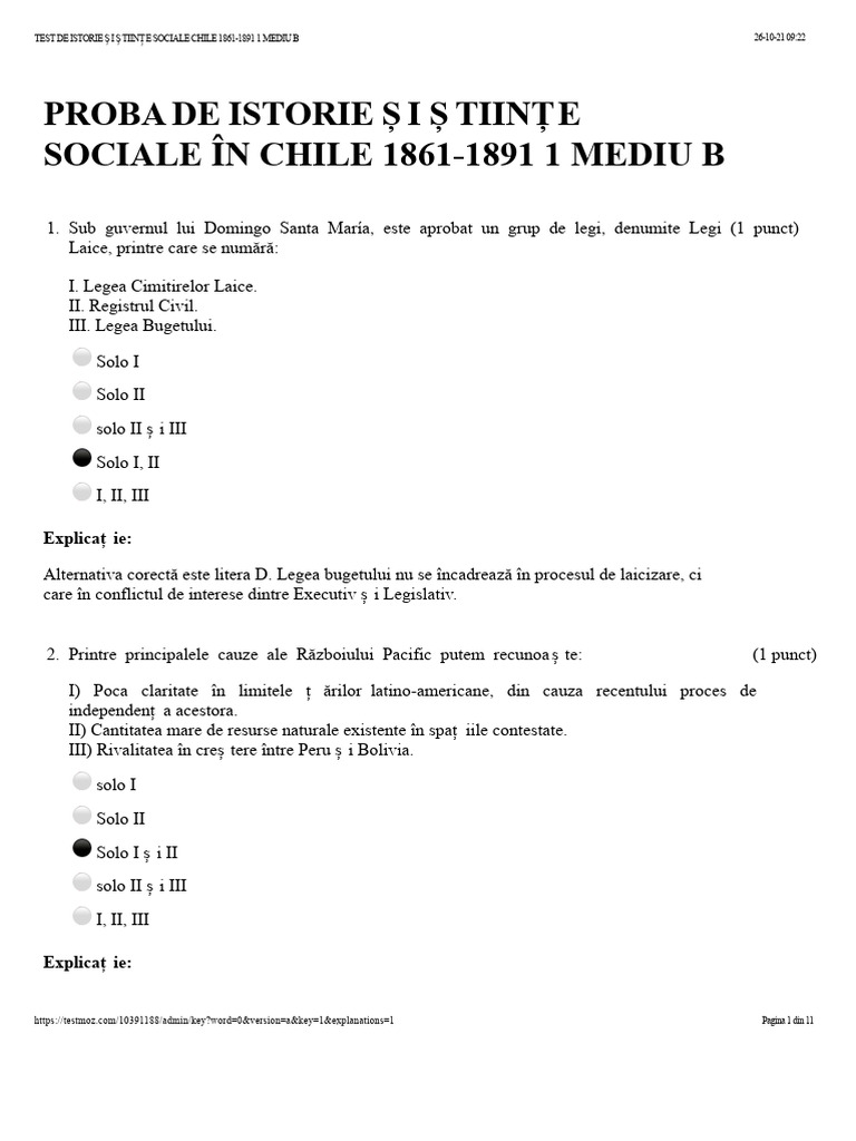 Test de Istorie Și Științe Sociale Chile 1861-1891 1 An Corectare | PDF