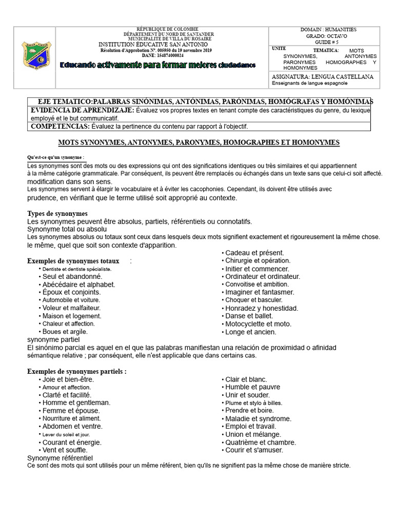 Mots Synonymes, Antonymes, Paronymes, Homographes Et Homophones | PDF ...