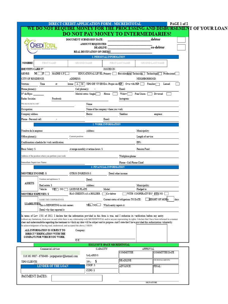 Direct Credit Application Form | PDF | Credit | Finance & Money Management