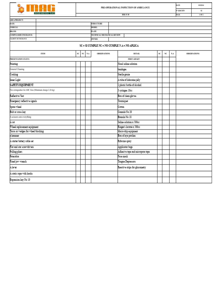Pre-Operational Ambulance Inspection Checklist | PDF | Equipment