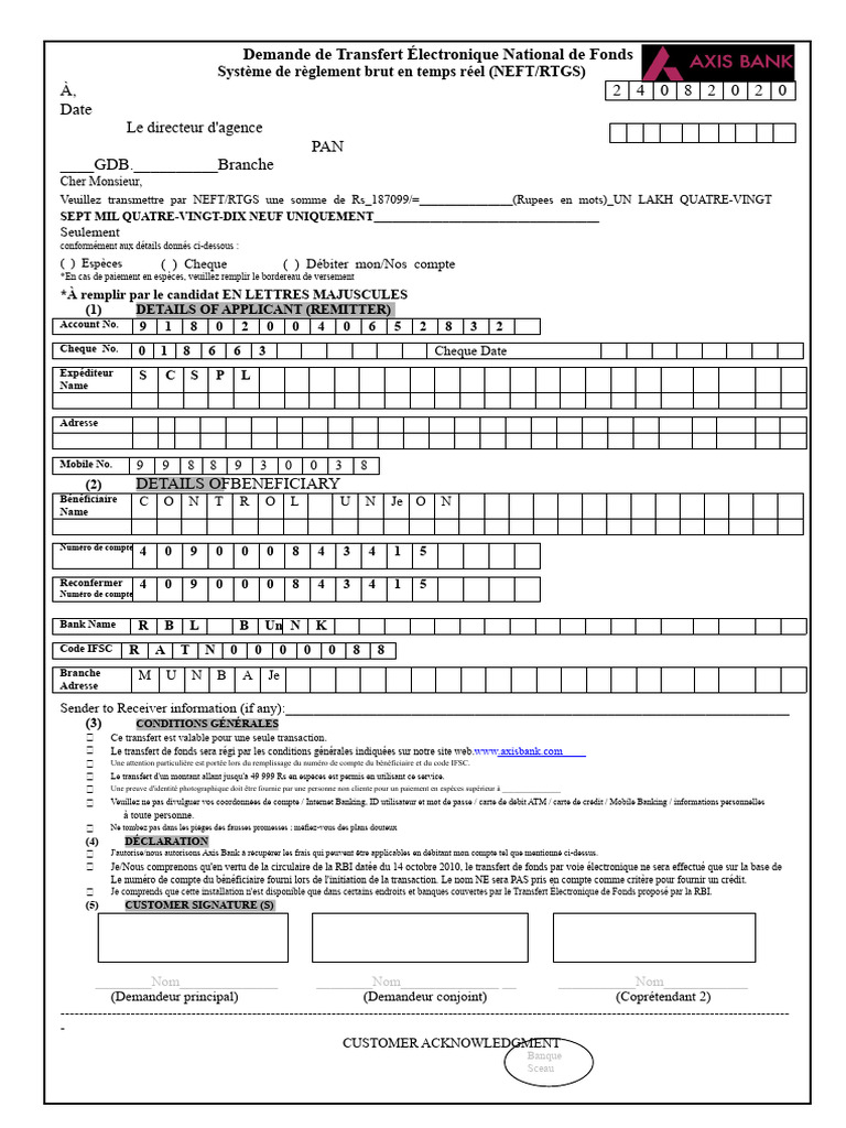 Demande de Transfert de Fonds NEFT/RTGS | PDF | Services financiers ...