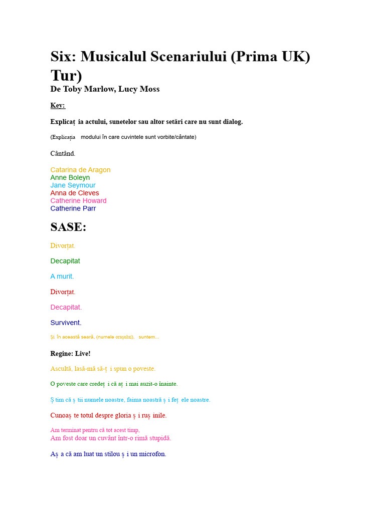 Six - Musicalul Script | PDF
