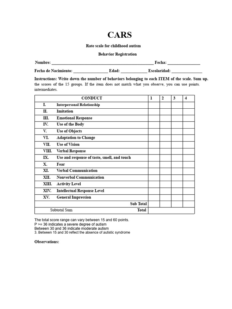 CARS Response Sheet Print | PDF