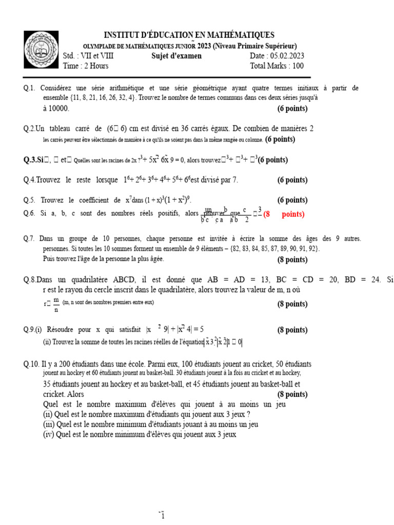 Olympiade de Mathématiques Junior 2023 | PDF | Triangle | Arithmétique