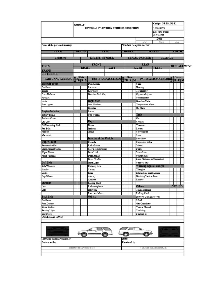 Vehicle Condition Inventory Checklist | PDF | Vehicles | Car Body Styles