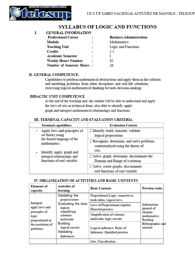 Logic and Functions Syllabus for Business Admin | PDF | Function ...