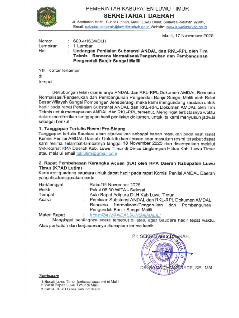 Undangan ANDAL Dan RKL-RPL Pengerukan Sungai Malili Oleh Tim Teknis ...