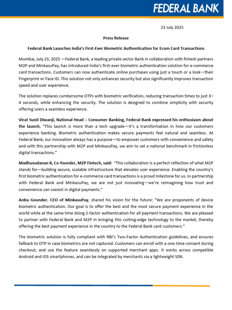 Federal Bank Launches India's First-Ever Biometric Authentication For ...