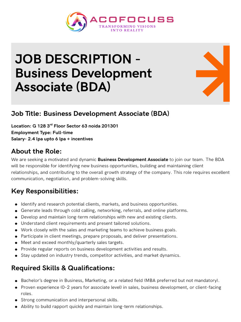 JOB DECREPTION - Business Development Associate (BDA) | PDF ...