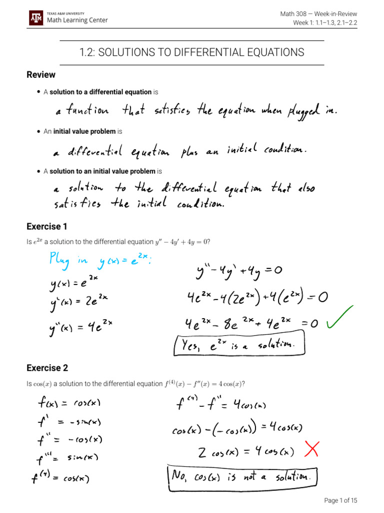 24C - WIR - M308 - H1 - Solutions Ode | PDF | Ordinary Differential ...