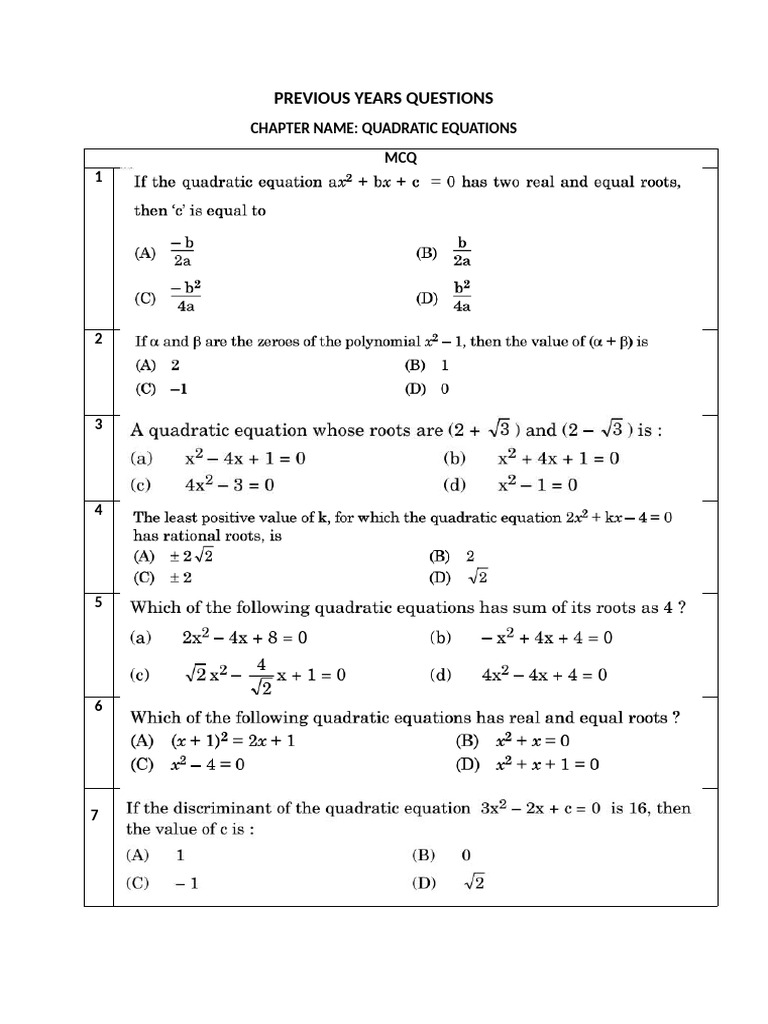 Pyq Quadratic Equations | PDF