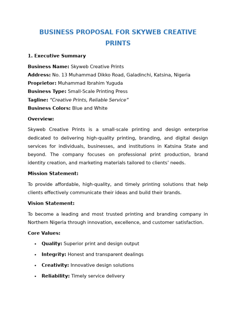 Skyweb Creative Prints Business Proposal | PDF | Brand | Startup Company