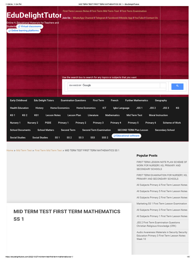 Mid Term Test First Term Mathematics SS 1 | PDF | Educational Technology