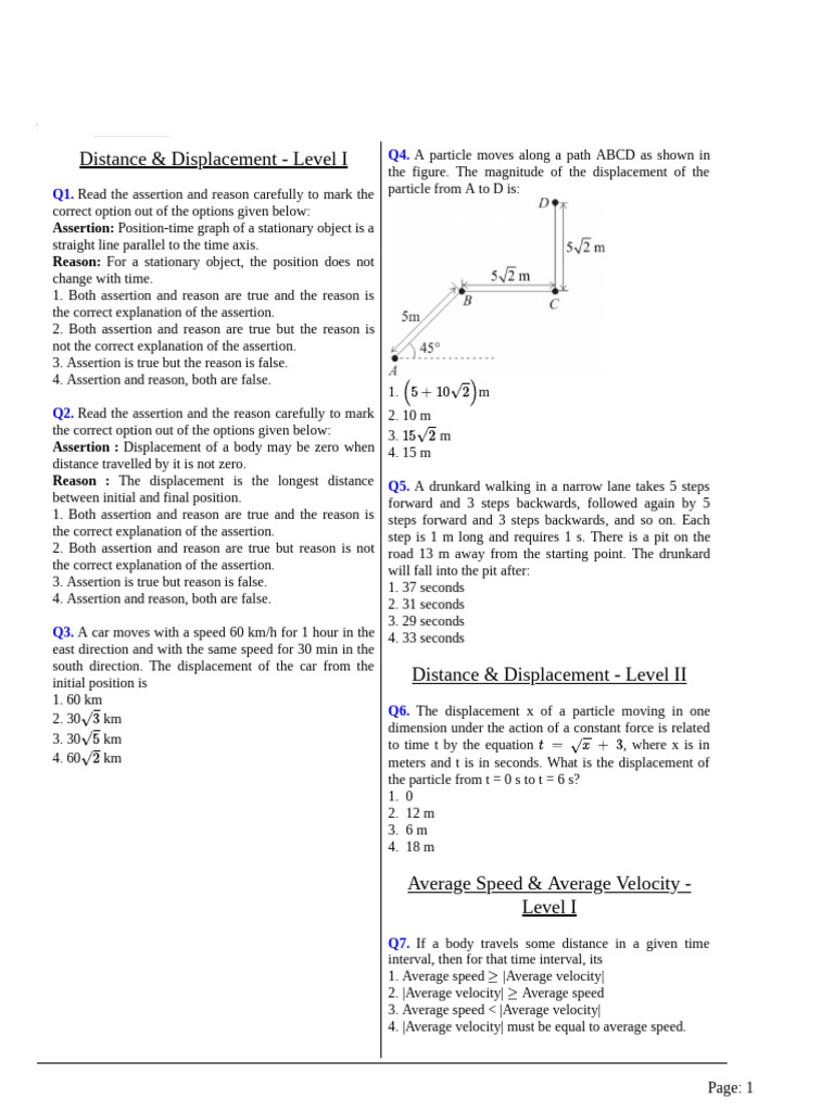 Distance and Displacement Questions | PDF | Acceleration | Velocity