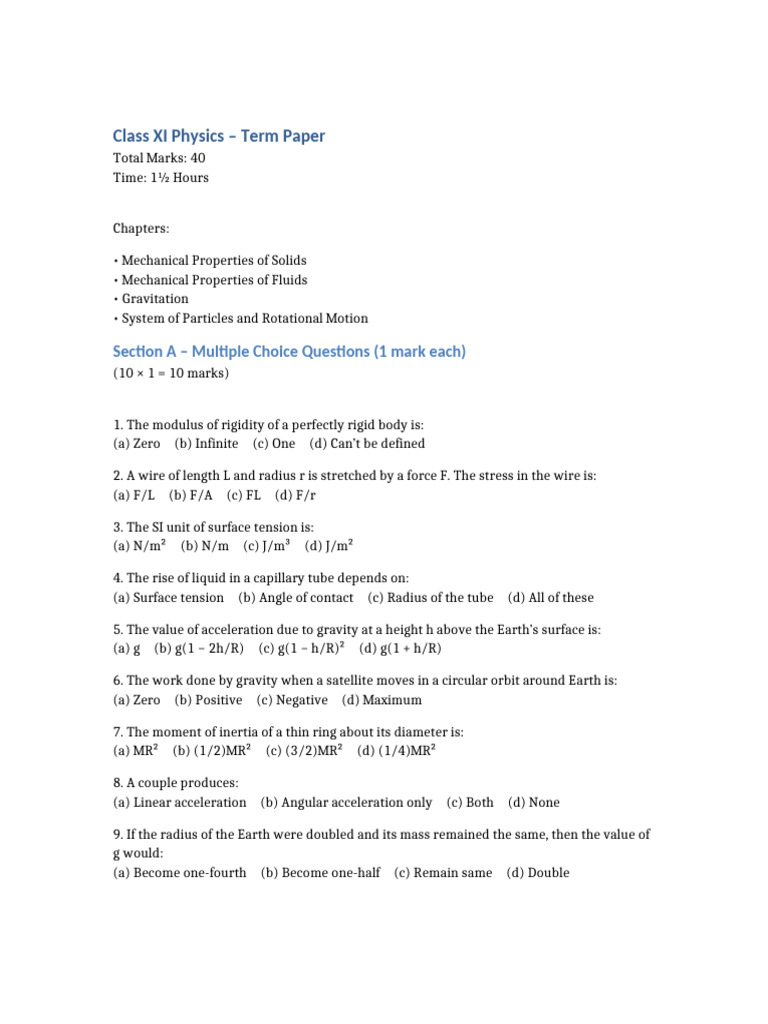 Class XI Physics Term Paper Guide | PDF | Mass | Pressure