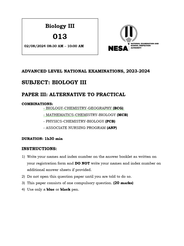2024 Biology III Alternative To Practical Exam BCG MCB PCB ANP | PDF