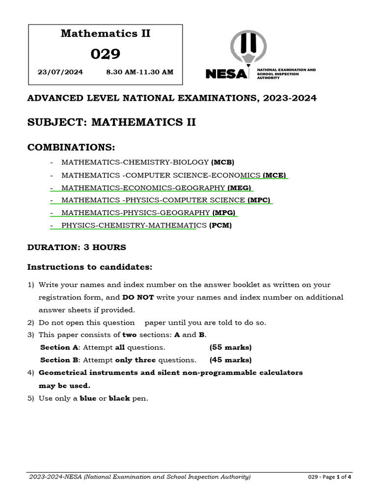 Advanced Level Mathematics II Exam 2023-2024 | PDF | Mathematics ...