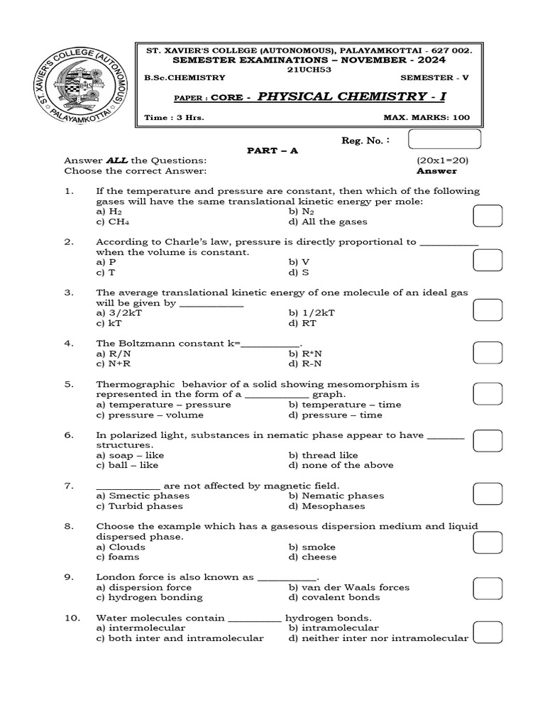 Physical Chemistry Exam Questions | PDF | Gases | Temperature