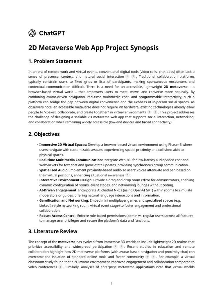 2D Metaverse Web App Project Synopsis | PDF | Virtual Reality | Online Chat