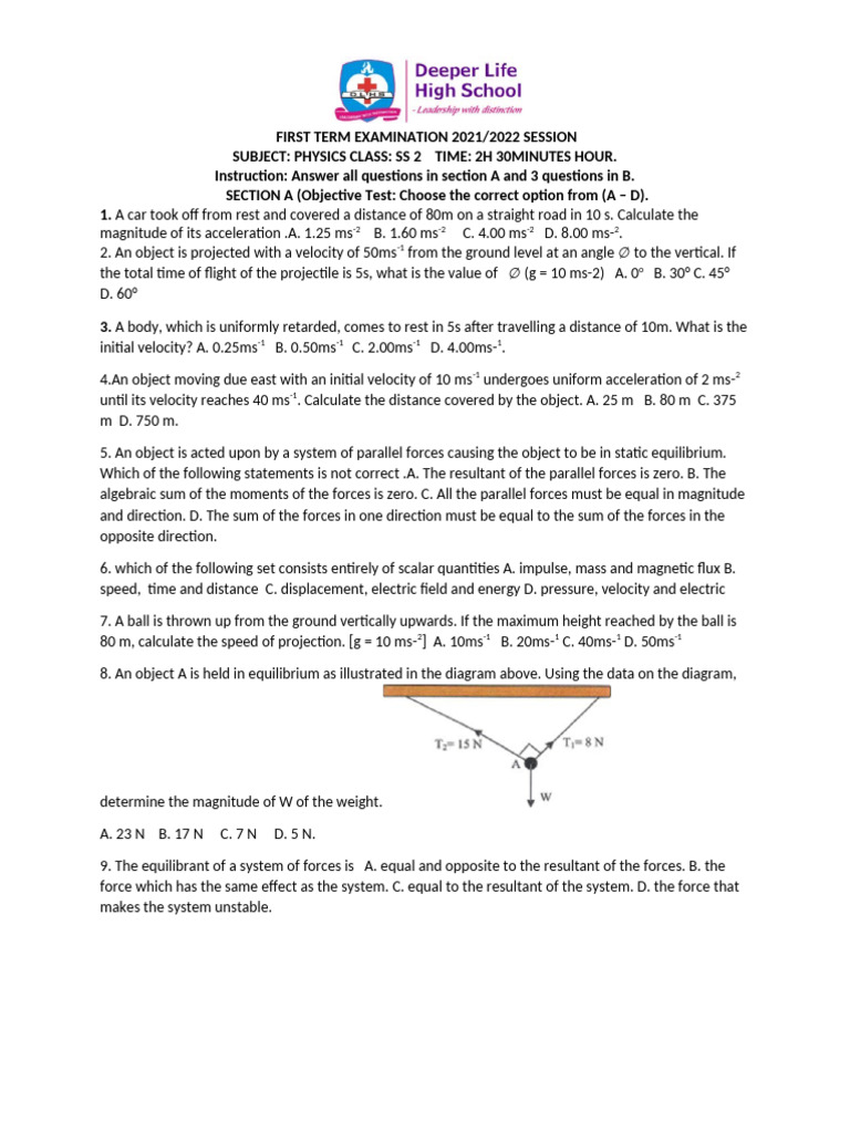 SS2 Physics First Term Exam 2021/2022 | PDF | Force | Buoyancy