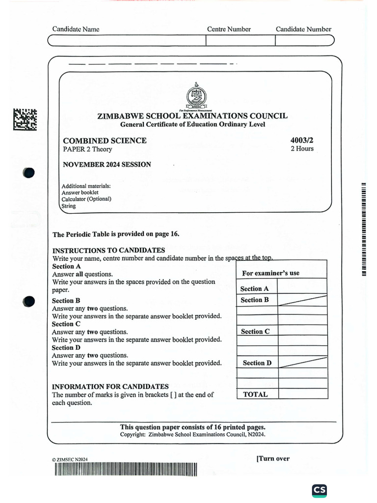 Nov 2024 Combined Science Paper 2 | PDF
