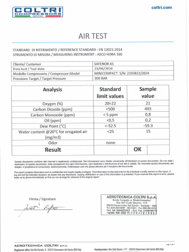 22.1 SCBA Air Compressor Air Quality Certificate 23 Jun 2024 | PDF