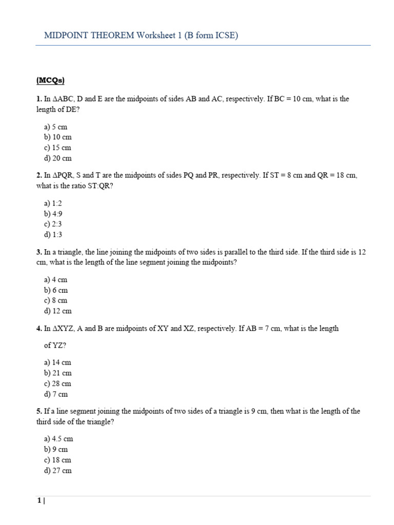 Midpoint Theorem Worksheet with MCQs | PDF | Triangle Geometry ...