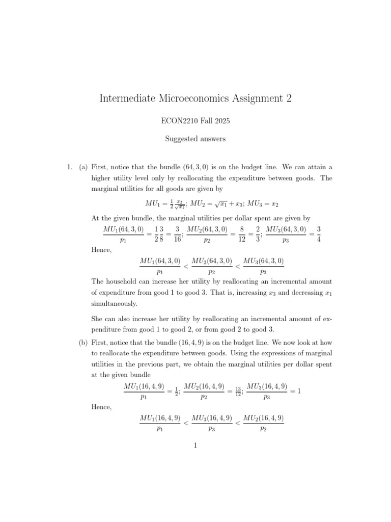 Intermediate Microeconomics Assignment Solutions | PDF | Utility ...
