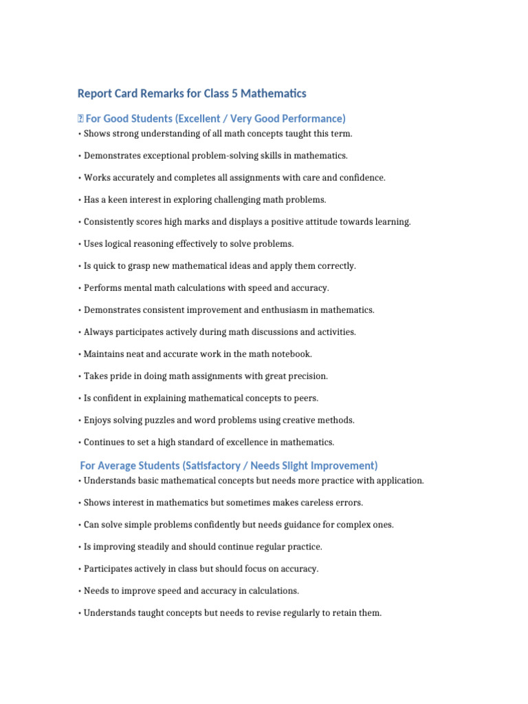 Class 5 Math Report Card Remarks | PDF | Mathematics | Accuracy And ...