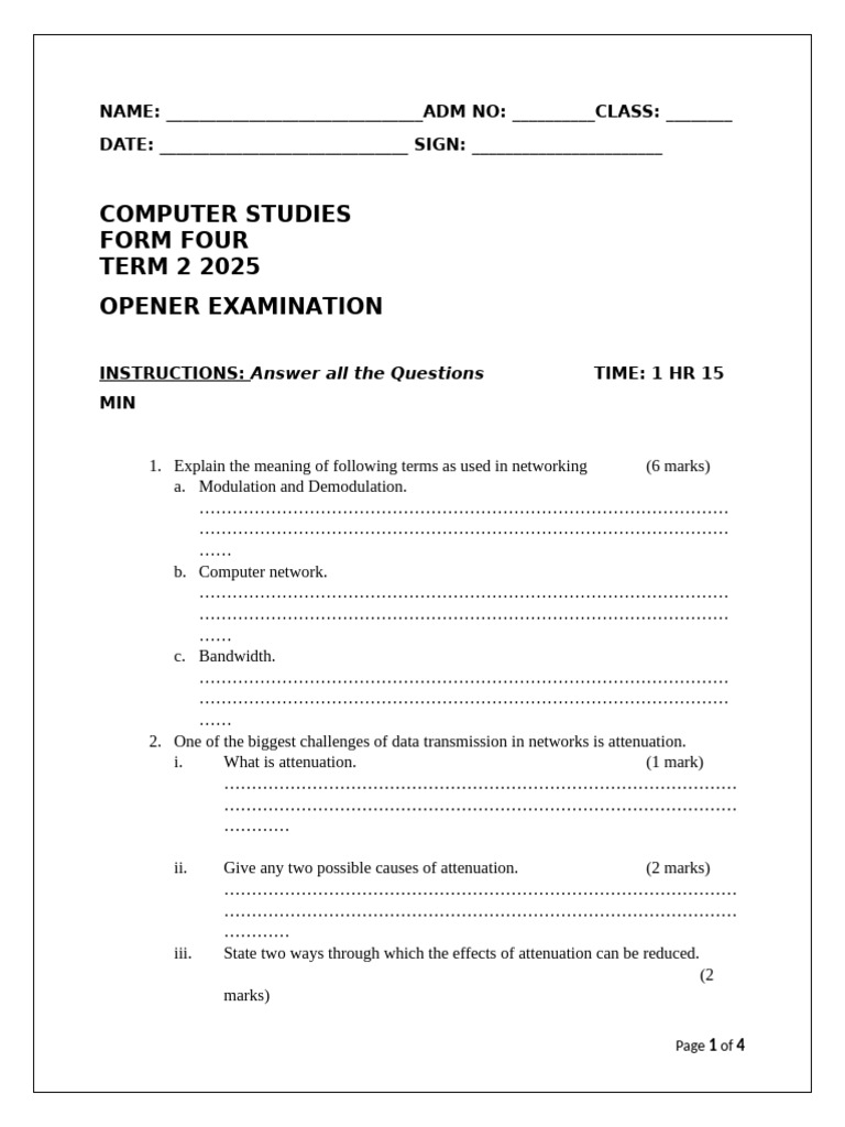 Form Four Computer Studies Exam 2025 | PDF | Computer Network ...